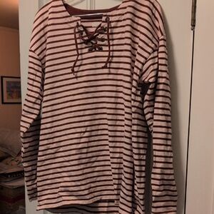 Lands' End Burgundy and Pink Striped Top L